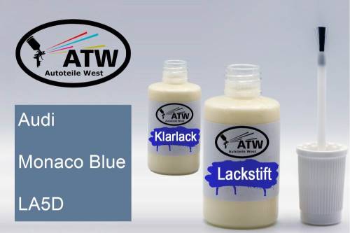 Audi, Monaco Blue, LA5D: 20ml Lackstift + 20ml Klarlack - Set, von ATW Autoteile West.